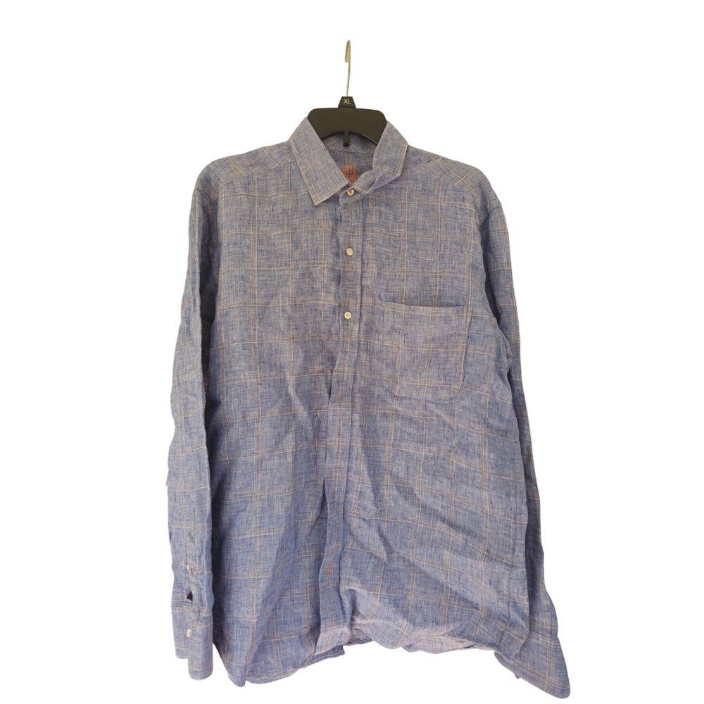 J.McLaughlin Mens Blue Plaid Linen Blend Long Sleeve Button Down Shirt Size M